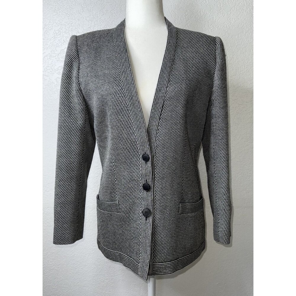 Jaeger London Blazer 100% Wool Lined Cardigan Coat Vintage Black White 8/10 G
